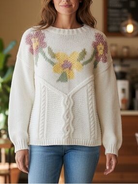 Andrew St.John Vintage Knit Sweater with Floral Design Size L